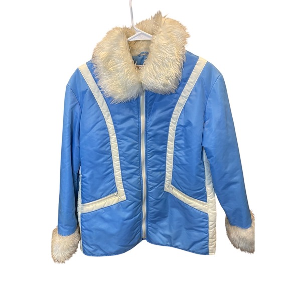 Vintage 70s Ski Jacket I-Smart‎ Blue White Faux Fur Trimmed Winter Coat Womens - Picture 1 of 4